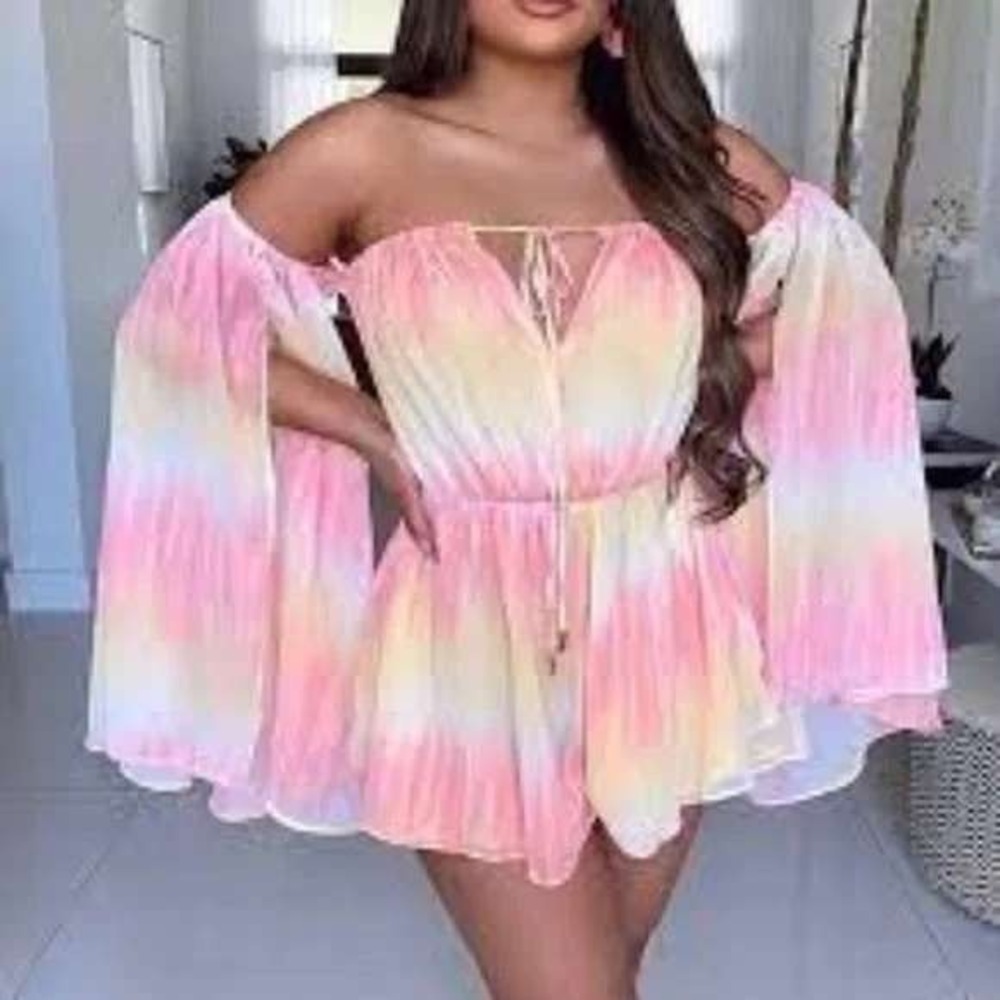 Pink Lemonade Tie Dye Fairy Romper L Bell Sleeves Boho Chic‎ Festival NEW